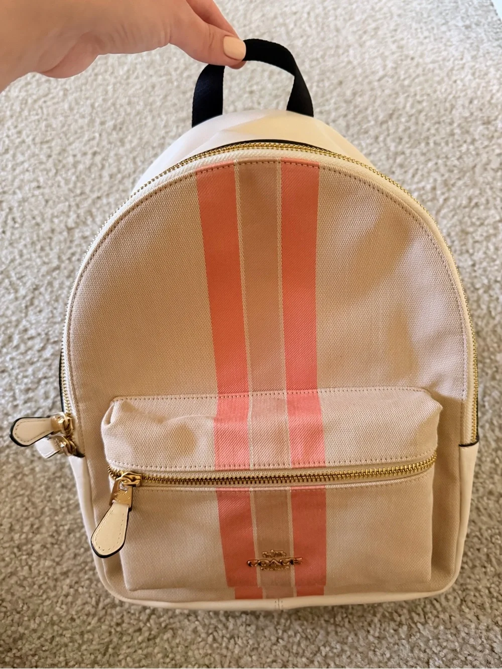 Coach Beige Canvas Backpack with Pink Stripe Accents
